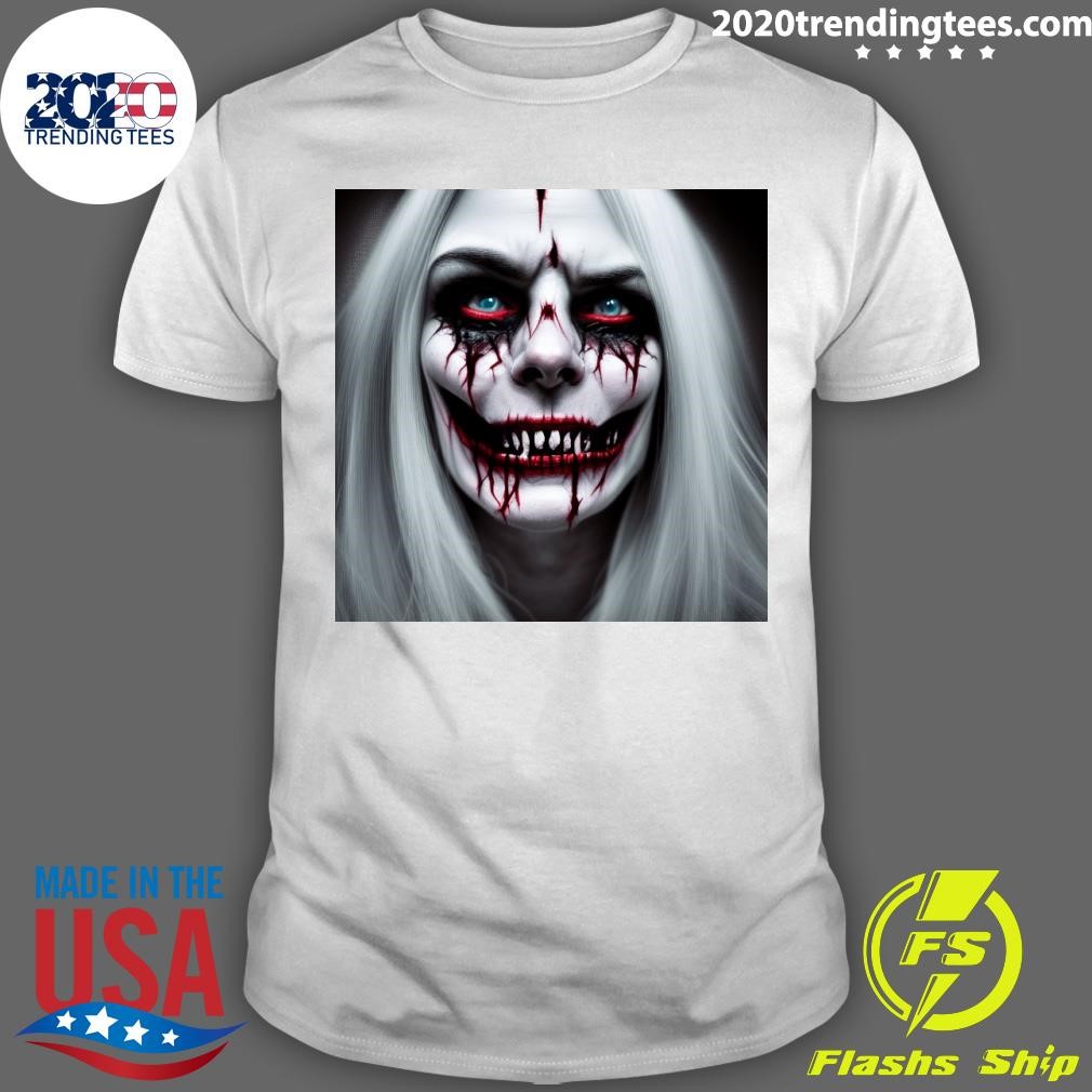 Top Cinematic Halloween Scary Woman Face Graphic T-shirt