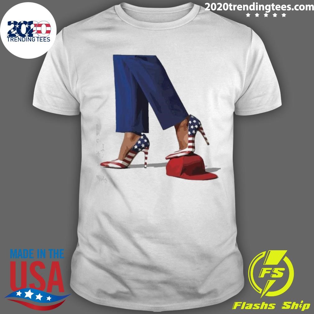 Top Kamala Harris With High Heels Stepping On Red Hat T-shirt