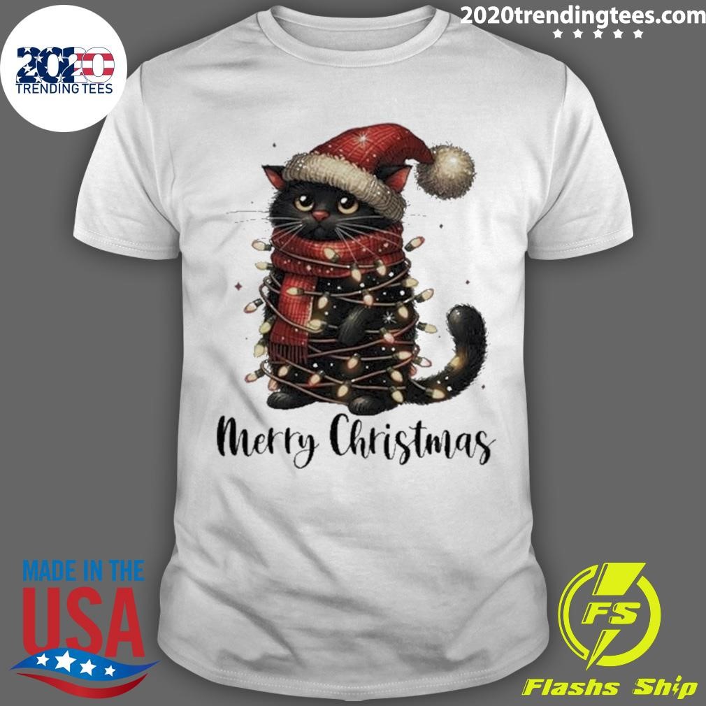 Awesome Merry Christmas Black Cat Santa Hat Xmas Tree Light 2024 T-Shirt