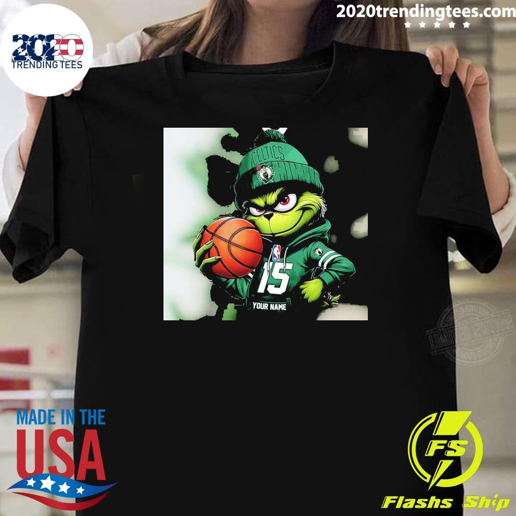 Funny Grinch Boston Celtics Nba Custom Name Christmas 2024 T-shirt