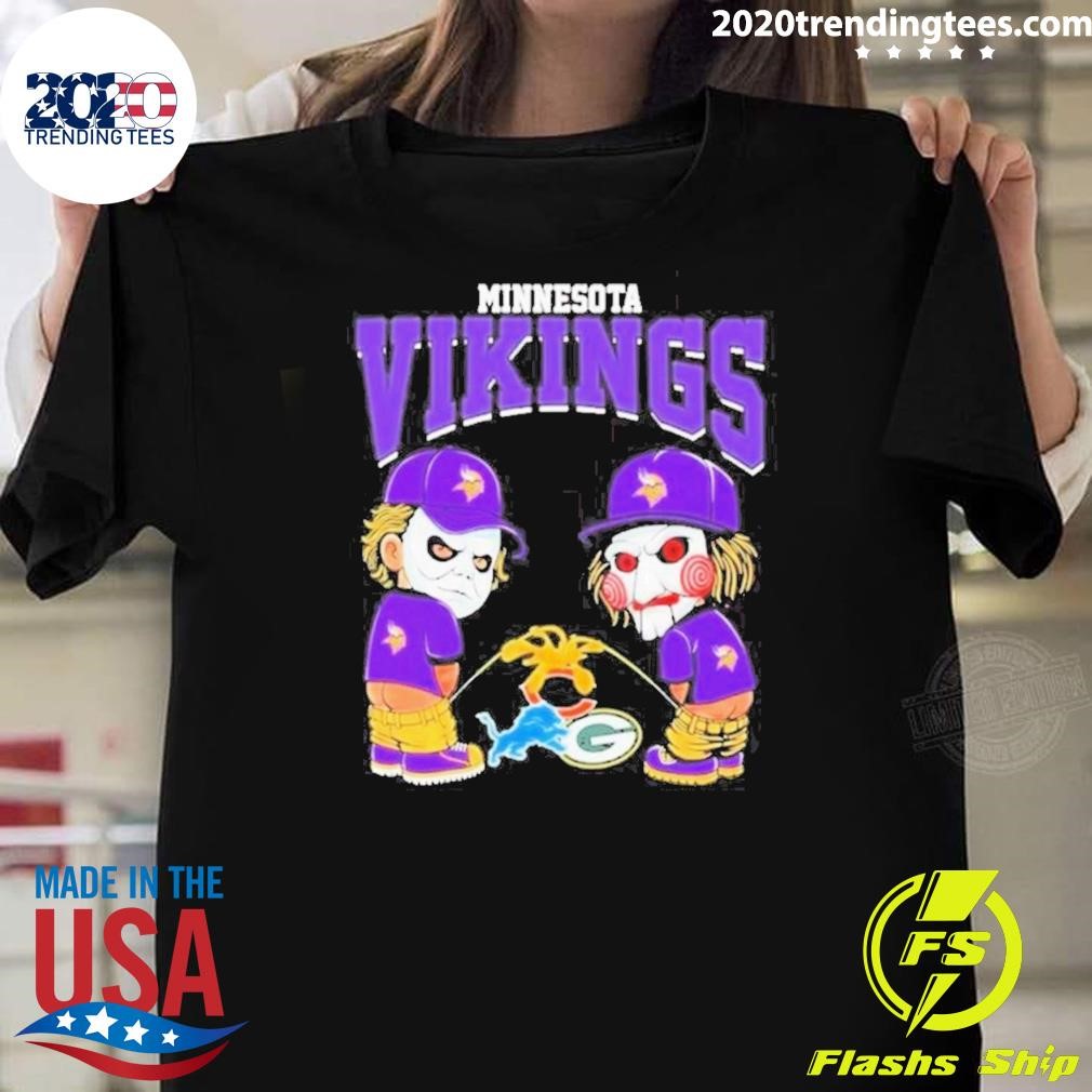 Funny Michael Myers And Billy The Puppet X Minnesota Vikings Pee On Nfl Teams Halloween 2024 T-shirt