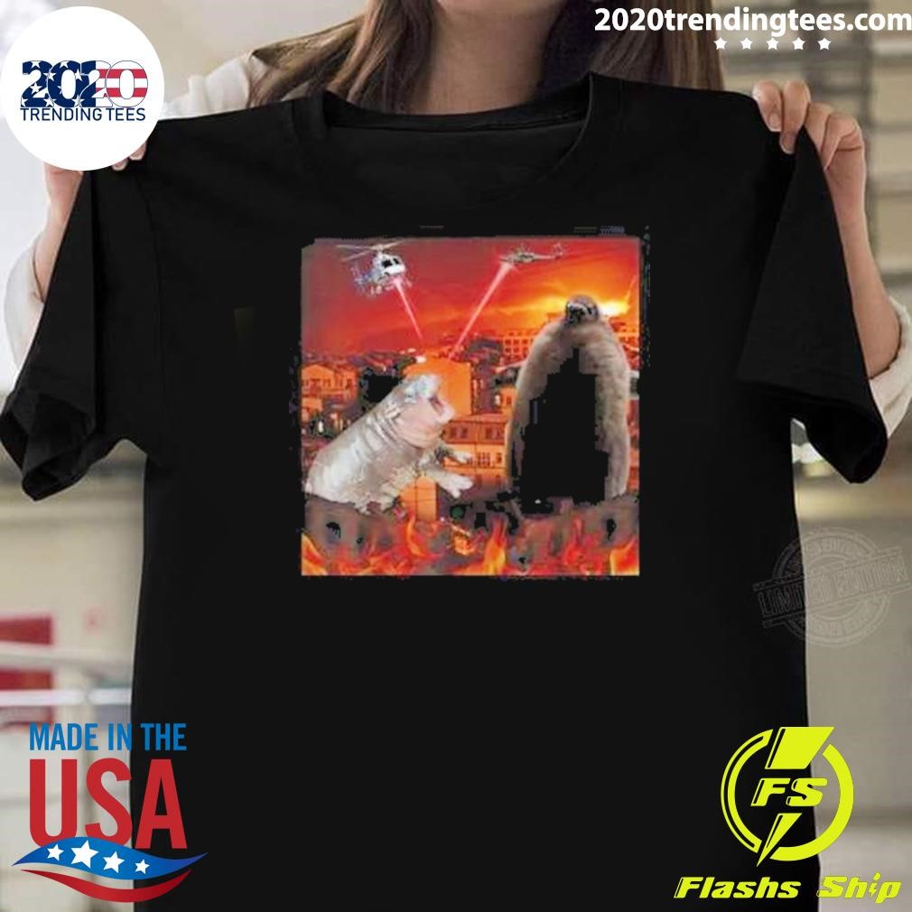 Funny Moo Deng And Pesto Battle Destroy City Fire Scene T-shirt