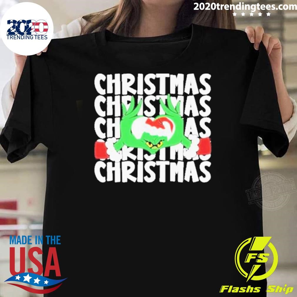 Funny The Grinch Loves Christmas Grinch Heart Hands 2024 T-shirt