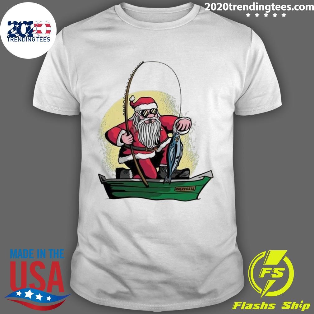 Nice Santa Claus Fishing On A Boat Merry Fishmas Christmas 2024 T-shirt