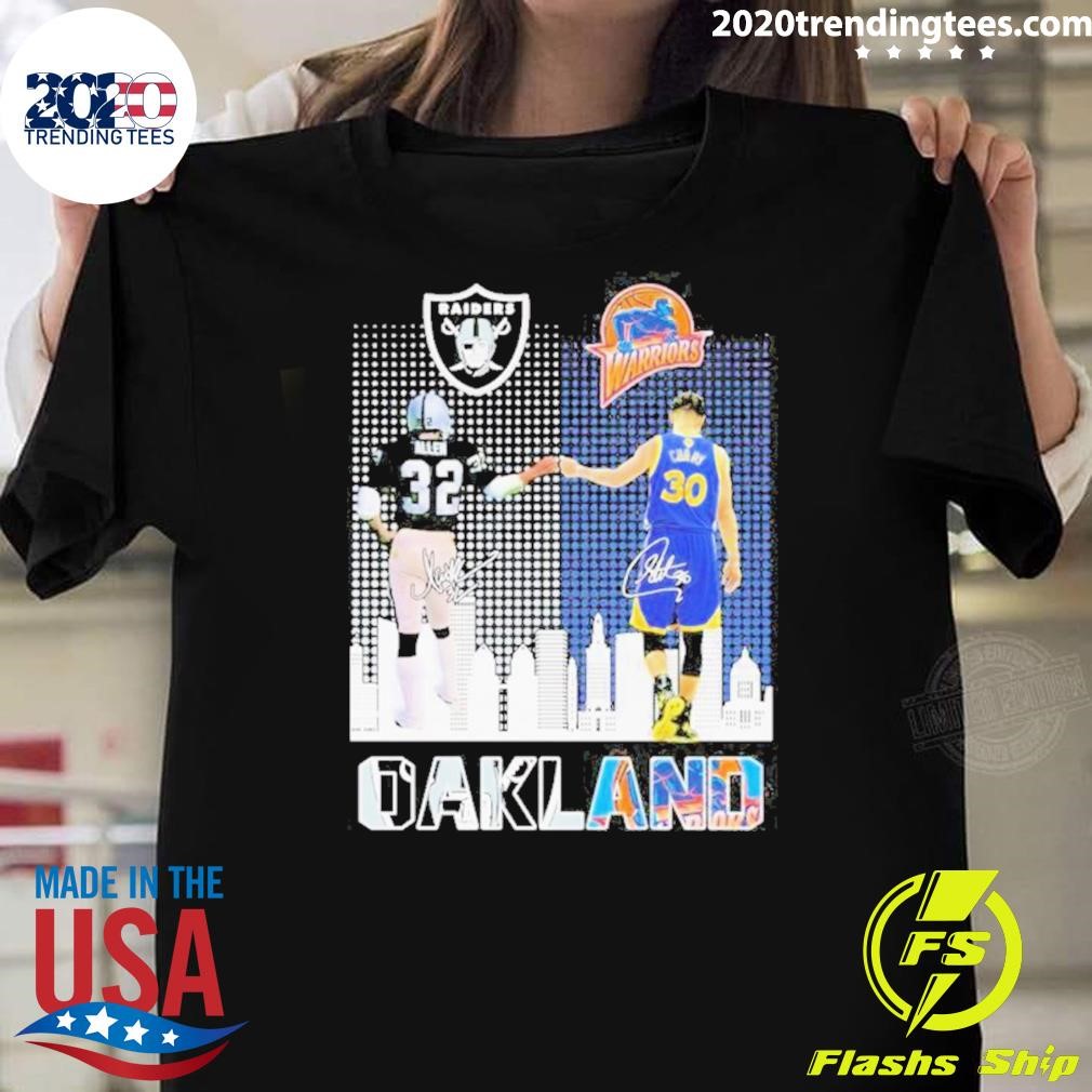 Nice Stephen Curry Signatures Oakland Sports Teams Las Vegas Raiders Marcus Allen And Golden State Warriors T-shirt