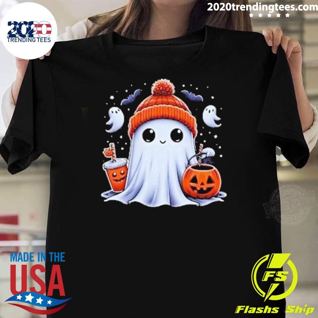 Official Cute Ghost Drinking Coffee Halloween Ghost Ice Coffee Womens T-shirt