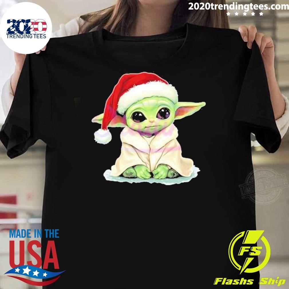 Official Retro Watercolor Star Wars Baby Yoda Christmas Santa Hat 2024 T-shirt