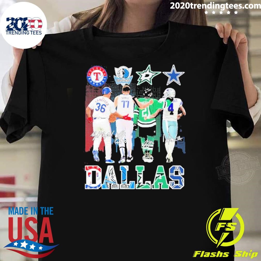 Original Dallas Sports Teams Wyatt Langford Luka Dončić Jason Robertson And Dak Prescott Signatures T-shirt