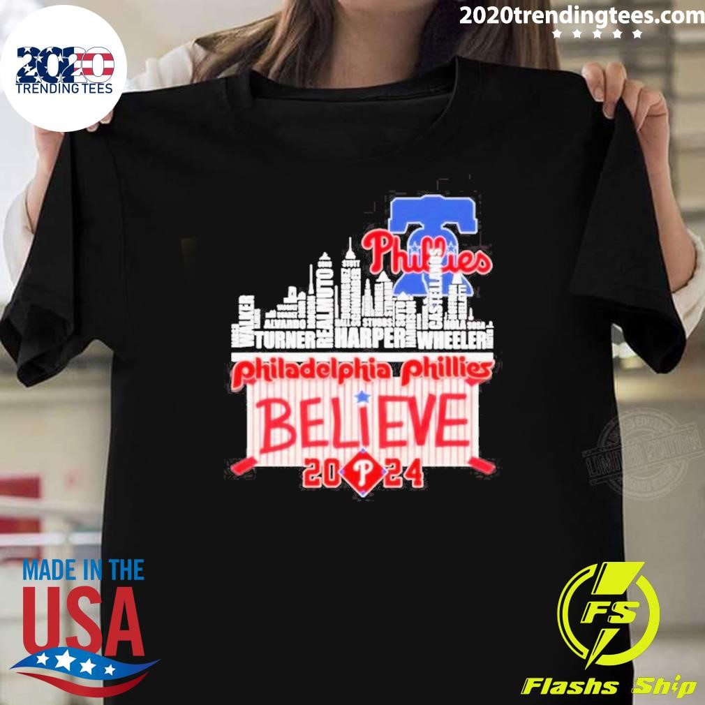 Original Philadelphia Phillies Skyline Players Name Believe October 2024 T-shirt