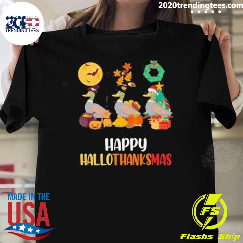 Top Pretty Duck Halloween And Merry Christmas Happy Hallothanksmas T-shirt