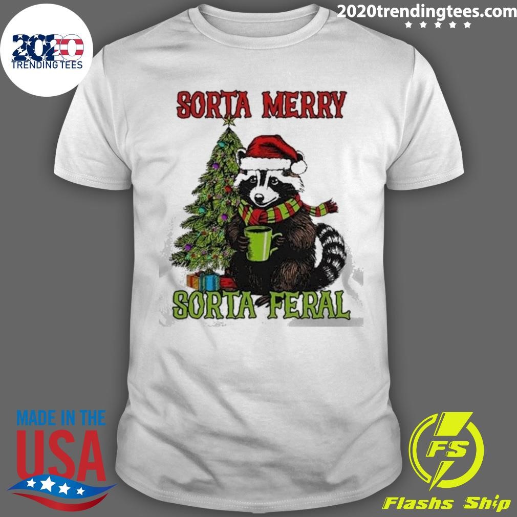 Awesome Christmas Tree Raccoon Santa Coffee Sorta Merry Feral 2024 T-Shirt