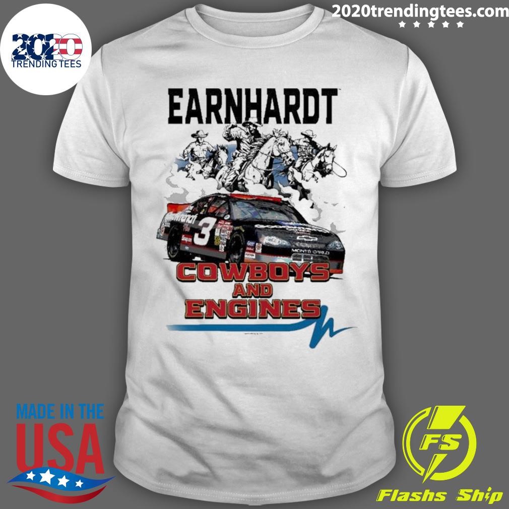 Awesome Dale Earnhardt Checkered Flag Sports White Cowboys & Engines T-shirt