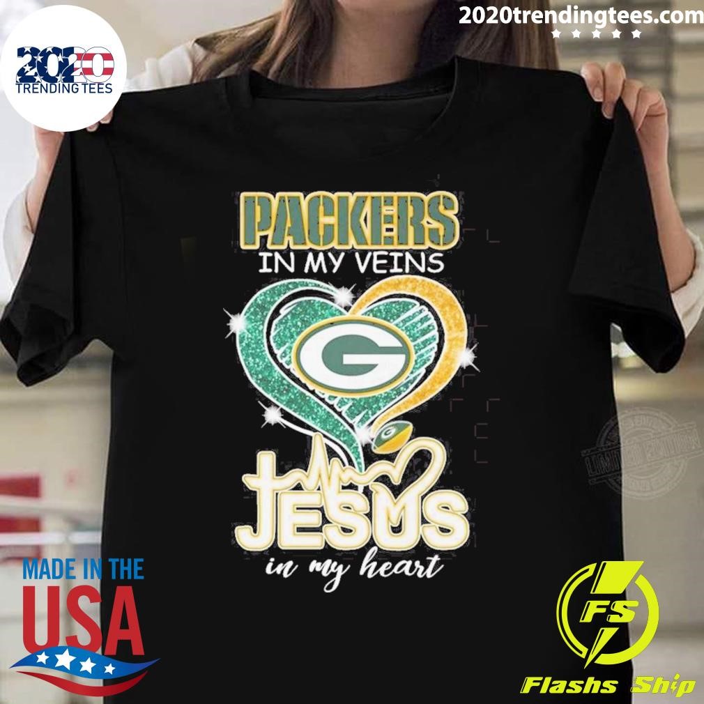 Awesome Green Bay Packers In My Veins Jesus In My Heart Diamond 2024 T-shirt