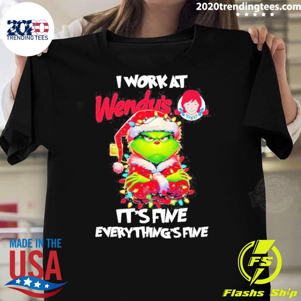 Awesome Grumpy Santa Grinch I Work At Wendy’s It’s Fine Everything’s Fine Christmas Light T-shirt