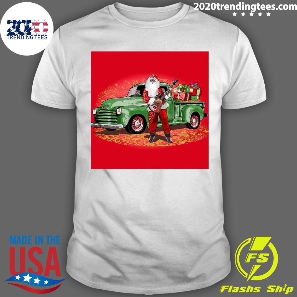 Awesome Guitar Santa Claus With Rat Rod Chevy Truck Full Of Presents Christmas 2024 T-shirt