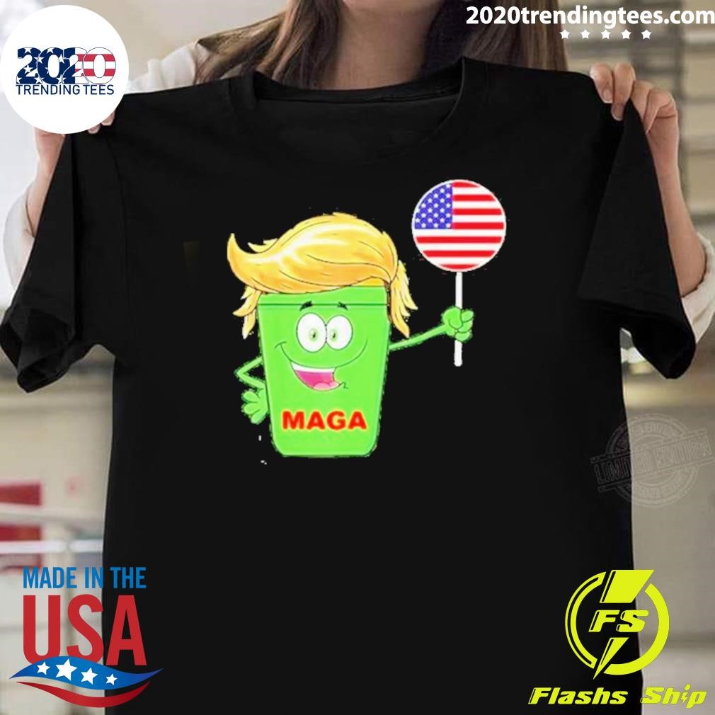 Best Funny Trump Maga Cartoon Garbage Can American Flag T-shirt