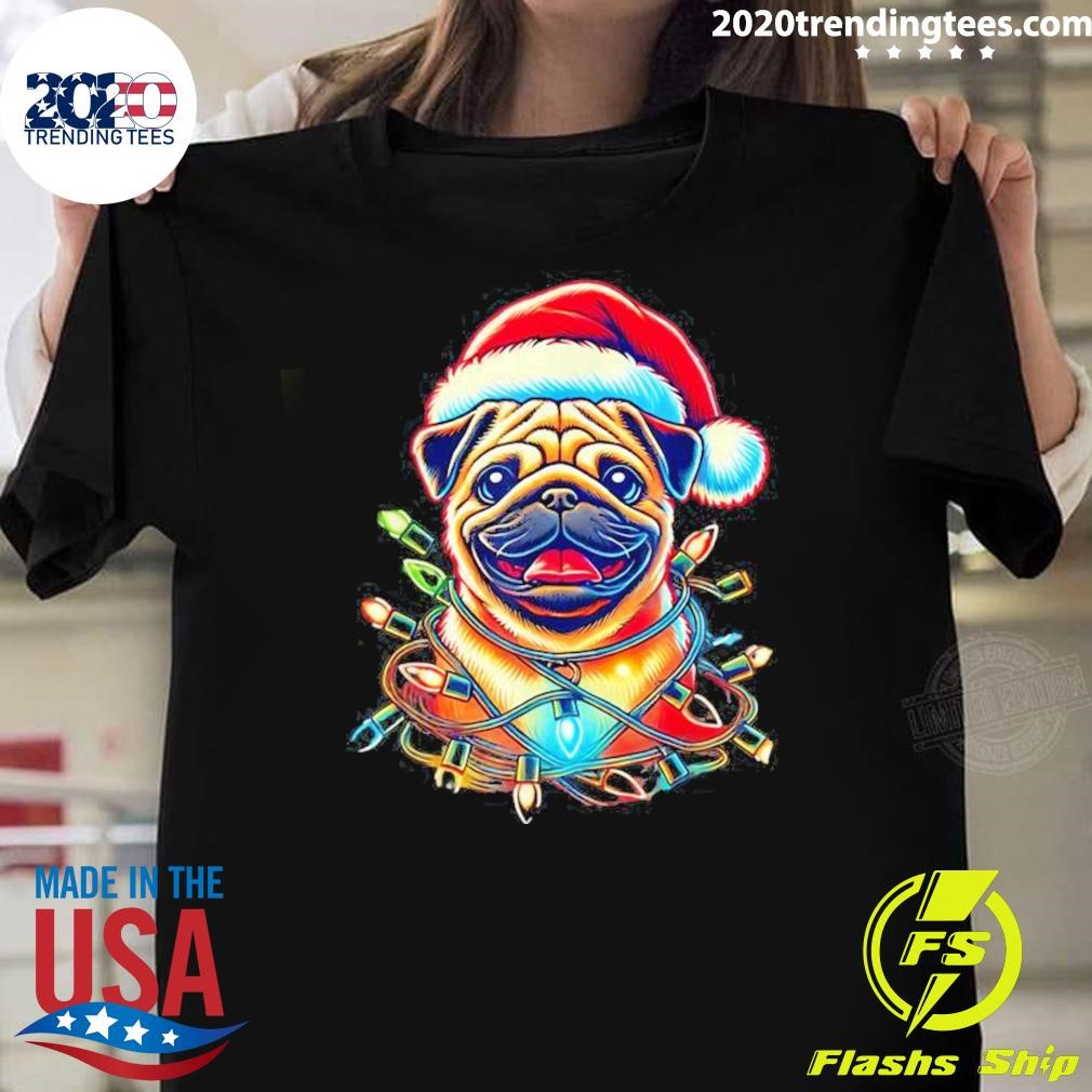 Premium Festive Pug With Santa Hat And Christmas 2024 Lights Cute T-shirt