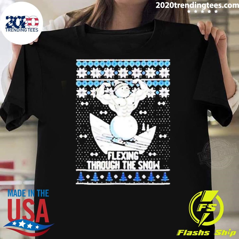 Awesome Flexing Through The Snow Gym Ugly Christmas 2024 T-shirt