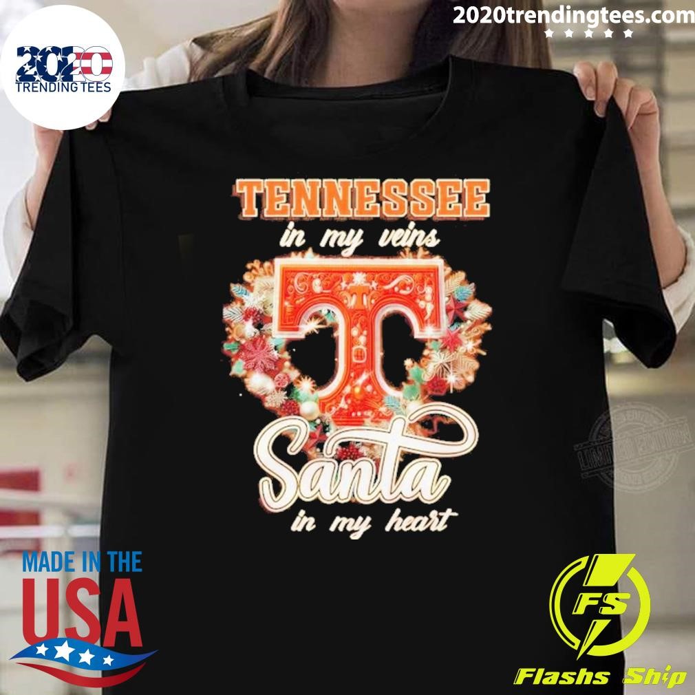 Funny Tennessee Volunteers Is My Veins Santa In My Heart 2025 T-shirt