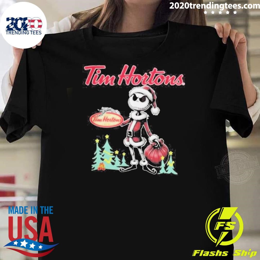 Premium Santa Jack Skellington Tim Hortons Logo Merry Christmas 2024 T-shirt