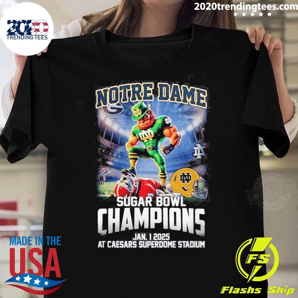 Official Notre Dame Fighting Irish Sugar Bowl Champions Jan 1 2025 It’s Time At Caesars Superdome Stadium Mascot T-shirt