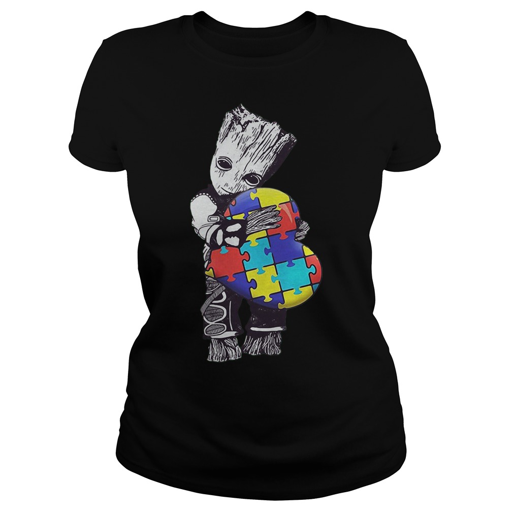 Baby Groot Hug Autism Heart Irish Patrick Day Ladies Shirt